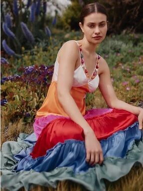 By Anthropologie Rainbow Tiered V-neck Maxi Dress Festival Bohemian, size Large